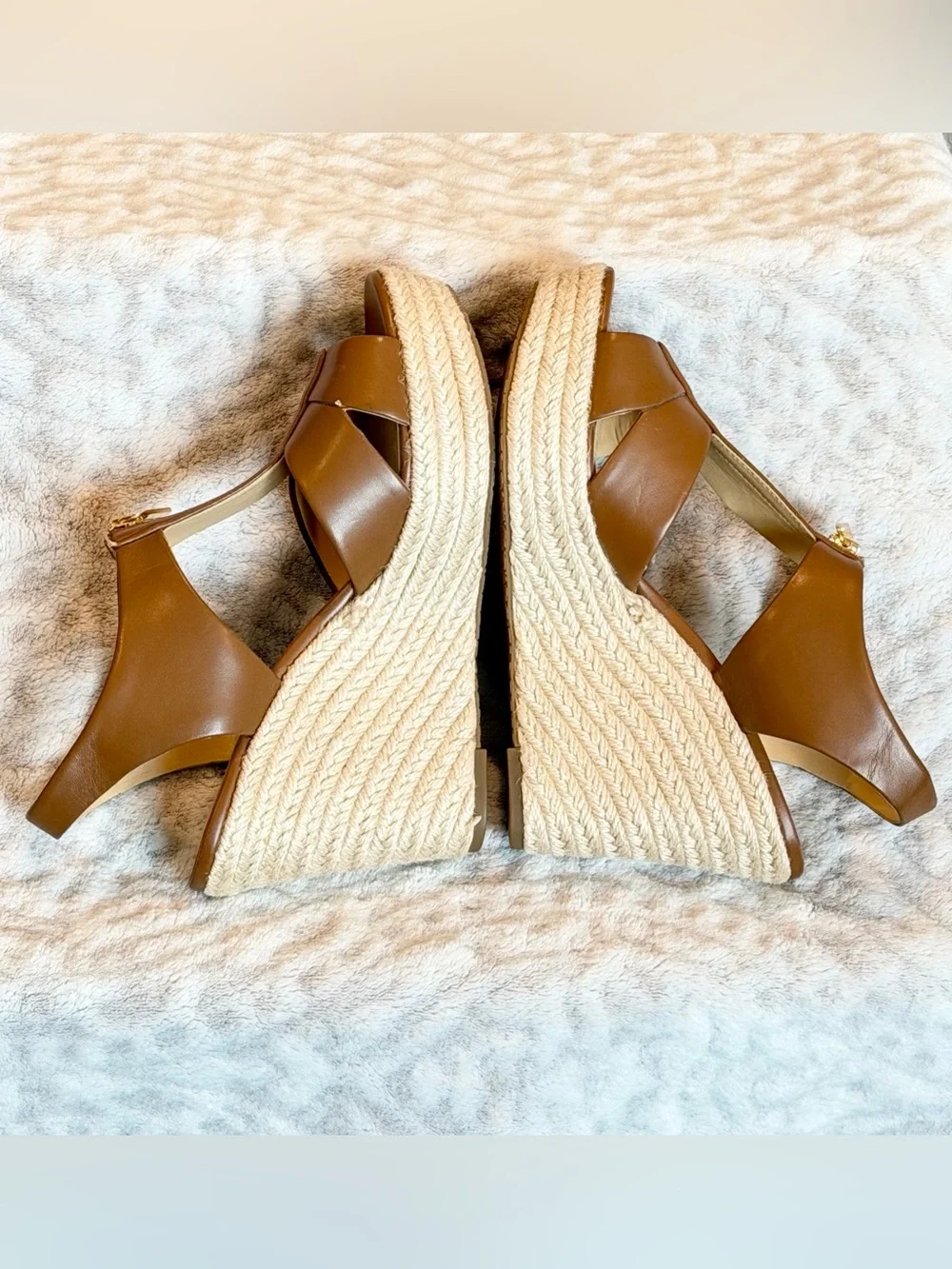 Michael Kors Jute Wedge Sandals Brown Front Zip Gold-Tone, size 7.5